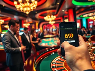 Players enjoying casino games at https://69vn.me.uk/ under vibrant lights with a roulette wheel in focus.