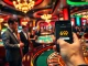 Players enjoying casino games at https://69vn.me.uk/ under vibrant lights with a roulette wheel in focus.