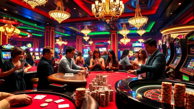 qhde Players engaged in game bài đổi thưởng celebrate their wins at a lavish casino, showcasing casino tables and vibrant chips.