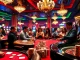 Players engaged in game bài đổi thưởng celebrate their wins at a lavish casino, showcasing casino tables and vibrant chips.