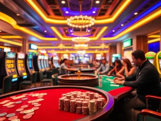 Dive into the Top 10 nhà cái uy tín showcasing exhilarating casino action with vibrant slot machines and lively betting tables.