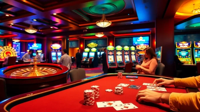 wo8w A lively casino scene featuring a poker table, roulette wheel, and online betting setups, embodying the spirit of Nhà cái uy tín.