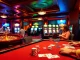 A lively casino scene featuring a poker table, roulette wheel, and online betting setups, embodying the spirit of Nhà cái uy tín.