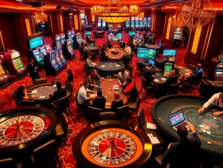 The exciting atmosphere of a casino featuring roulette tables and slot machines, showcasing online gaming interface for https://nohu90g.com users.