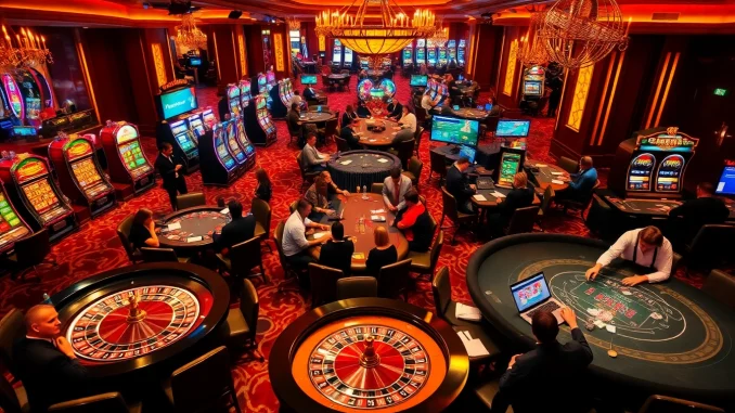wra0 The exciting atmosphere of a casino featuring roulette tables and slot machines, showcasing online gaming interface for https://nohu90g.com users.