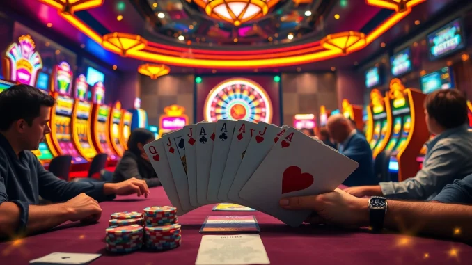 A high-stakes poker game at a casino table with players focused, embodying the thrill of gambling at https://shbets.net/.