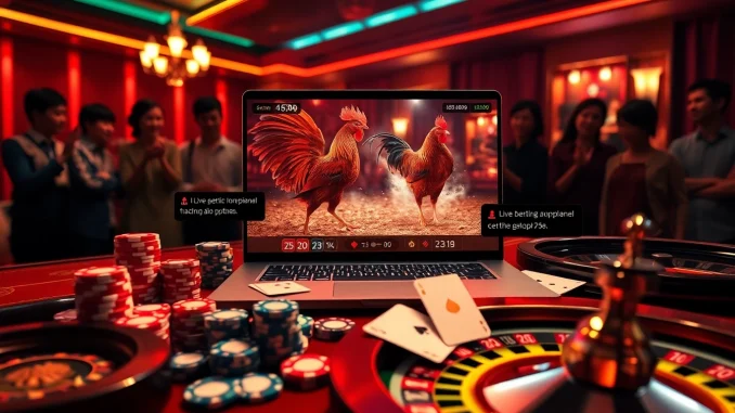 Experience the thrill of alo789 đá gà with live betting on exciting cockfighting matches surrounded by luxurious casino elements.