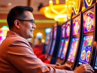 Pemain antusias bermain di mesin slot gacor dengan suasana kasino online yang ceria.