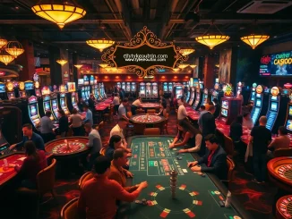 Experience the exciting gambling ambiance of https://tylekeouytin.com/, with players at vibrant casino tables and slot machines.