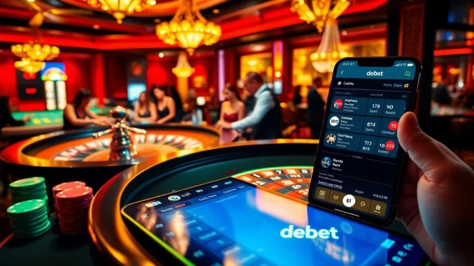 xtdf Discover the thrill of a casino with 'debet' chips stacked for an exciting game.