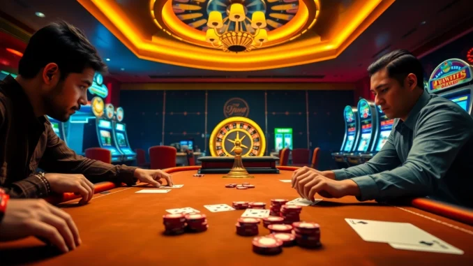 Experience the electrifying atmosphere of Supertkb88, where poker players thrive and slots shine in a bustling casino.