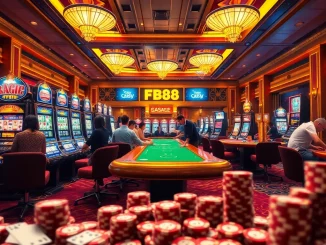 FB88 players celebrating a win at a vibrant casino table with cards and chips.