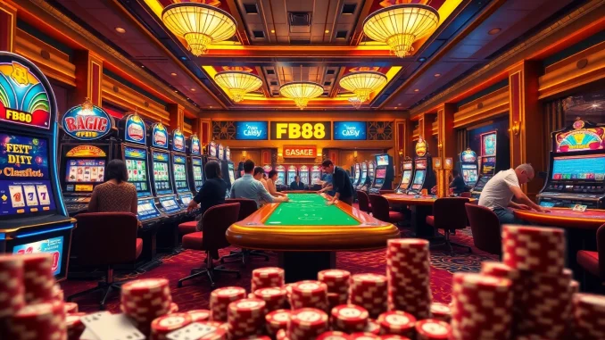 lxpw FB88 players celebrating a win at a vibrant casino table with cards and chips.