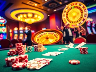 Experience high-stakes gaming at GO99COM with vibrant poker chips and a spinning roulette wheel.