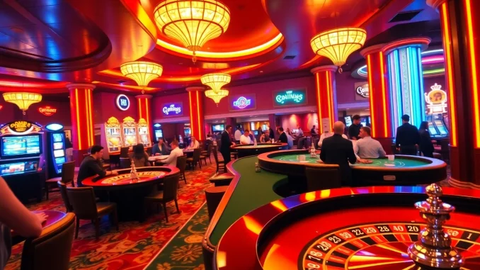 Experience thrilling gameplay at QQ88 CASINO with vibrant neon lights and excited players.